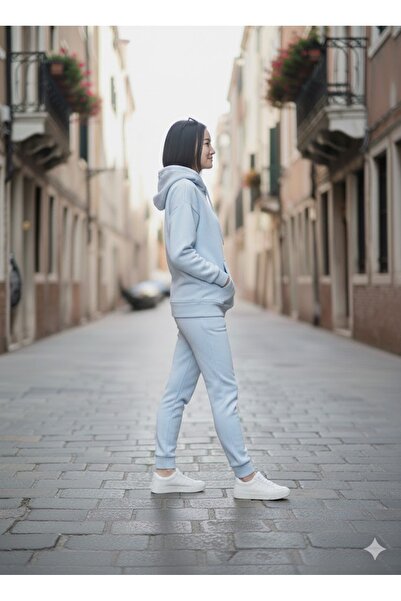jeneric Bebe Mavi Kapüşonlu Kanguru Cepli Oversize Lastik Paça İçi Polarlı Kadın Eşofman Takımı