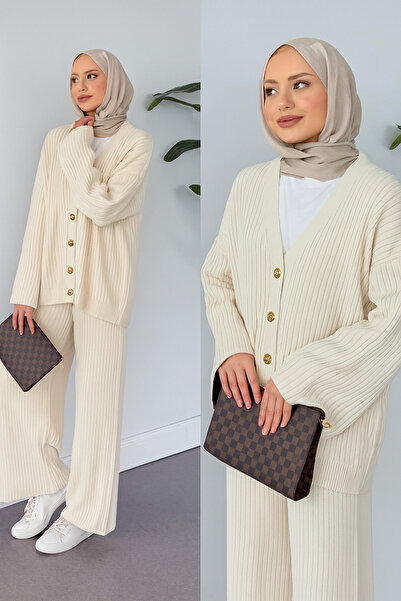 MY QILAM Women's Hijab Bottom Top Set Premium Corded Fabric Cardigan Pants Knitwear Set Ecru