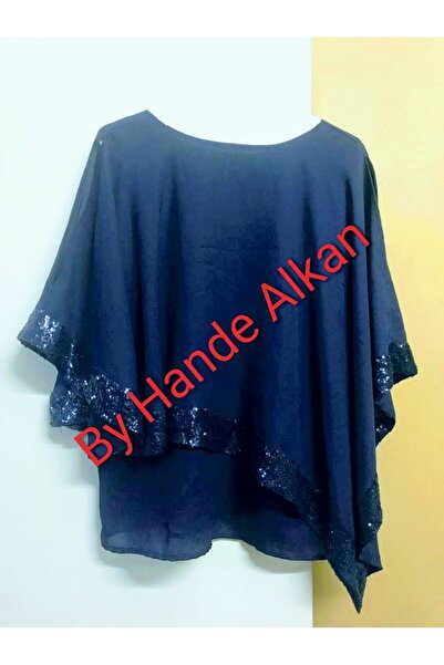 By Hande Alkan Set de pantaloni din șifon pentru femei, mărime mare, albastru marin, cu paiete, bluză largi