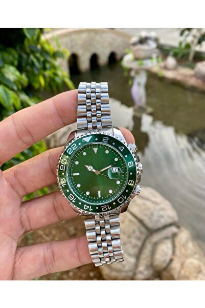 ÇENÇEN Premium Paslanmaz Çelik Gumus Kordon Yesil Kadran Erkek Kol Saati