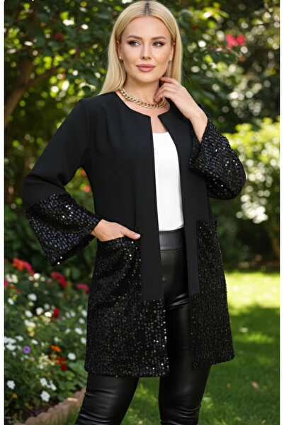 FOR ESRA BIG TREND Γυναικείο μεγάλο μέγεθος μεγάλη τσέπη παγιέτα με λεπτομέρεια μπροστά ανοιχτό φαρδύ μανίκι Scuba ελαστικό μπουφάν