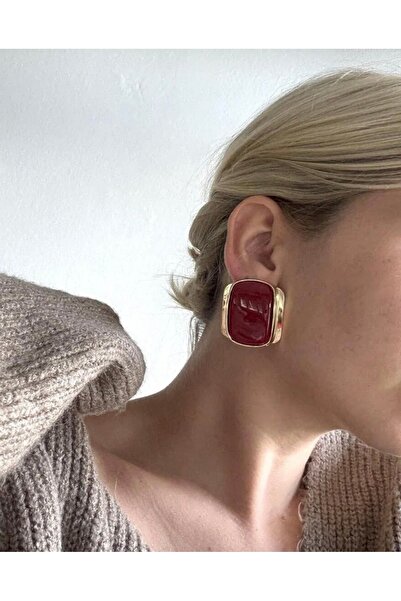 Xui Baget Gold Plaka Vintage Bordo Mineli Kare Küpe