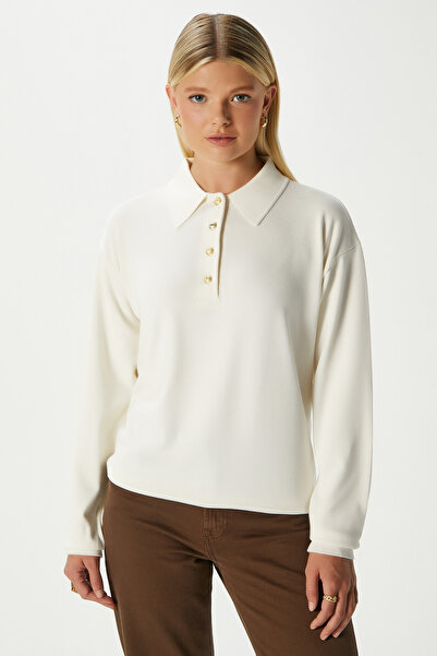 Ritnice Women's White Gold Button Detailed Premium Texture Polo Collar Knitwear Sweater