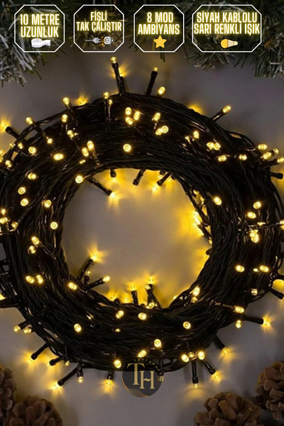 Toptanhane 10 Metre 100 Led Fişli Eklemeli Siyah Kablo Gün Işığı Sarı Led Aydınlatma Yılbaşı Düğün Nişan