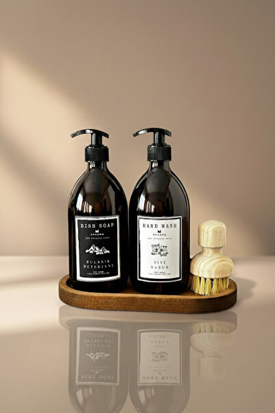 KHAKMA Ahşap Stantlı 2'li Amber Cam Sıvı Sabun Bulaşık Deterjanı Şişesi Sabunluk 500ml Stantlıbhsd