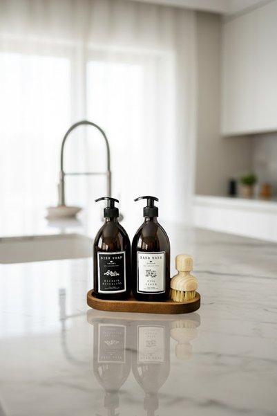 KHAKMA 2 Pack Amber Glass Liquid Soap Dishwashing Liquid Bottle Soap Dispenser 500ml Standlıbhsd with Wooden Stand