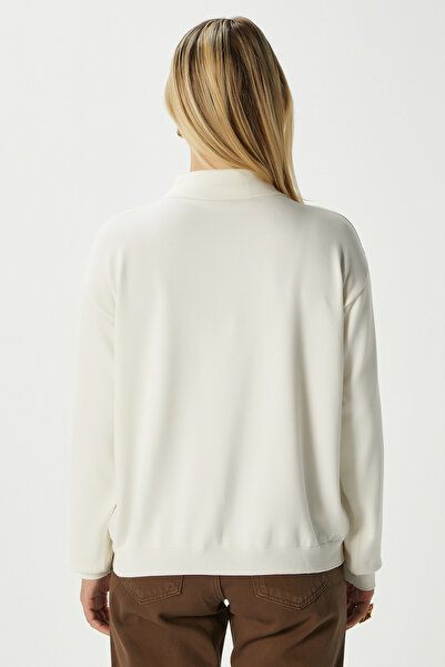 Ritnice Women's White Gold Button Detailed Premium Texture Polo Collar Knitwear Sweater