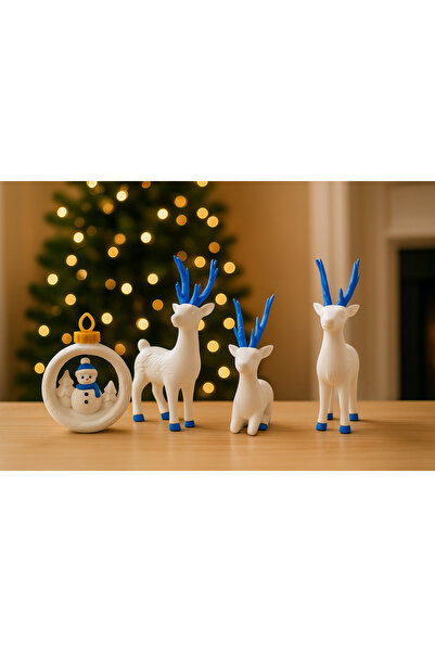DEK مجموعة مجسمات الغزلان المكونة من 4 قطع لعيد الميلاد - غزال ذو قرون بيضاء وزرقاء وكرة ثلجية على شكل رجل الثلج