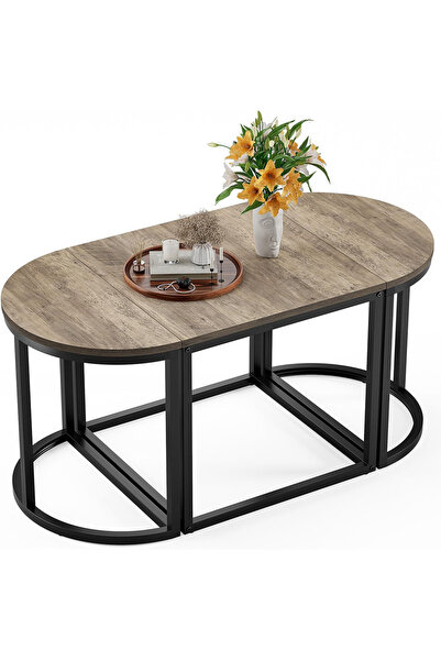 AGD 3-Piece Oval Coffee Table Set, Modern Center Table with 2 Side Tables, Metal Frame, for Living R