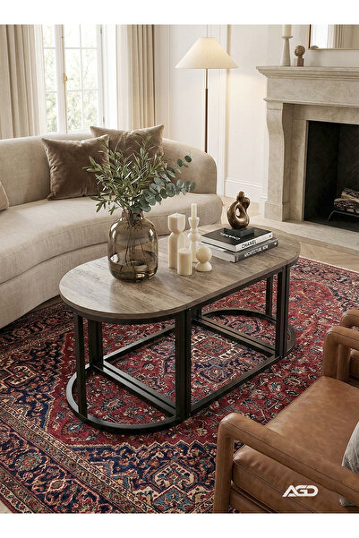 AGD 3-Piece Oval Coffee Table Set, Modern Center Table with 2 Side Tables, Metal Frame, for Living R