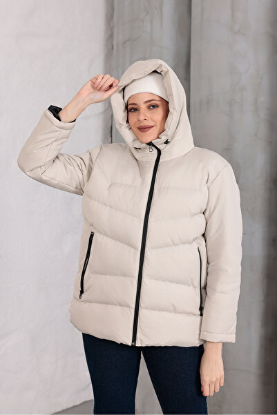 MYRAB DENİM Hooded Waterproof Wind-Resistant Inflatable Jacket with Fleece and Fur Inside