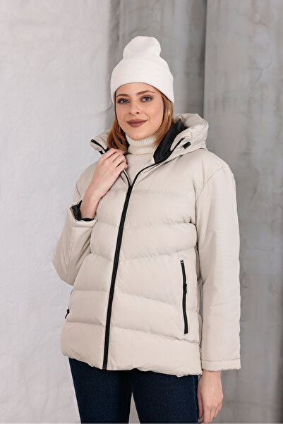 MYRAB DENİM Hooded Waterproof Wind-Resistant Inflatable Jacket with Fleece and Fur Inside