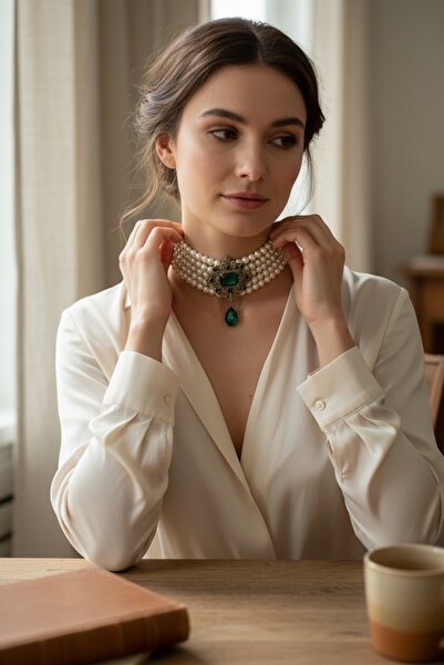 FAYRA ACCESSORIES Baget Ve Su Damlası Zümrüt Inci Choker Kolye