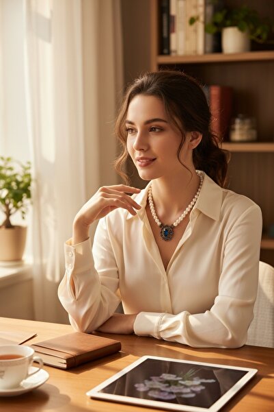 FAYRA ACCESSORIES Kristal Taşlı Oval Tek Sıra İnci Kolye