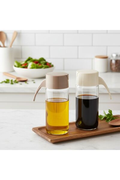 Qlüx إبريق زيت زجاجي بغطاء متحرك ديناميكي يمنع هدر الزيت 500 مل مجموعة من قطعتين