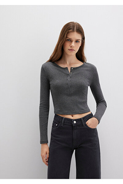 Mavi Button Detailed Long Sleeve Anthracite Crop Basic T-Shirt Crop / Short Cut 1613403-80023