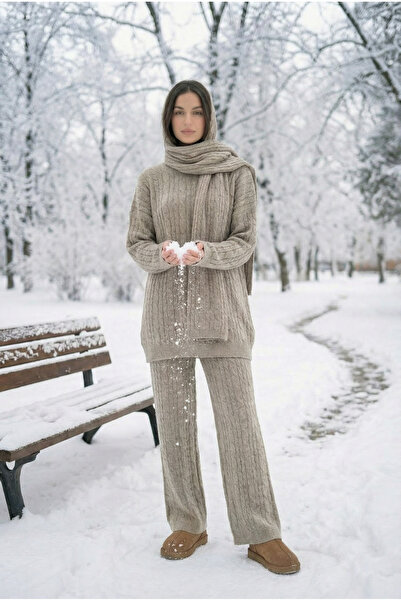 Kirazca Butik Set de pantaloni de tricotaj împletit cu eșarfă de damă