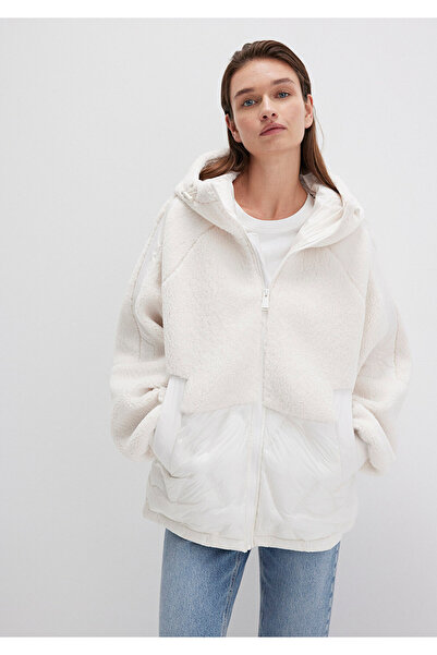 Mavi Plüschdetaillierte Ecru-Jacke mit Kapuze, lockere Passform / lockerer, bequemer Schnitt 1110215-80194