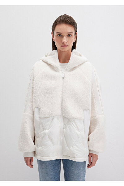 Mavi Plüschdetaillierte Ecru-Jacke mit Kapuze, lockere Passform / lockerer, bequemer Schnitt 1110215-80194