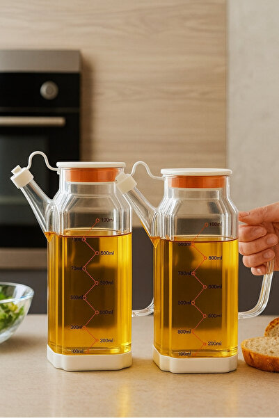 Kezze 2'li Borosilikat Cam Yağlık Seti-Ölçülü Sızdırmaz Kapak Kaymaz Silikon Taban