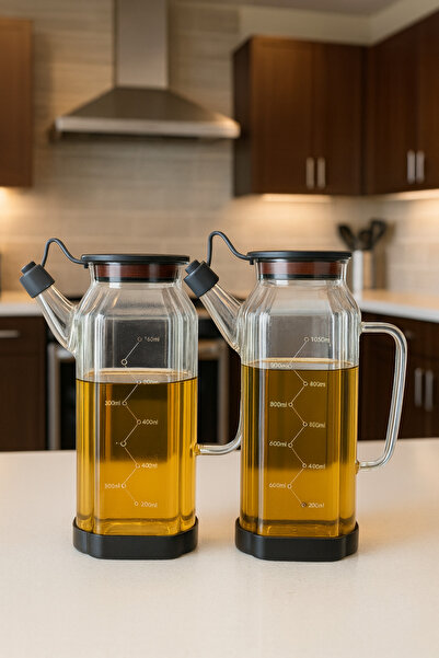 Kezze 2'li Borosilikat Cam Yağlık Seti-Ölçülü Sızdırmaz Kapak Kaymaz Silikon Taban