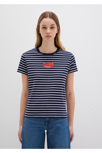 Mavi Gestreiftes Marineblau-T-Shirt mit Logo-Print, reguläre Passform / normaler Schnitt 1613562-88030