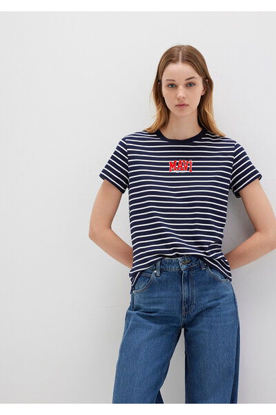 Mavi Gestreiftes Marineblau-T-Shirt mit Logo-Print, reguläre Passform / normaler Schnitt 1613562-88030