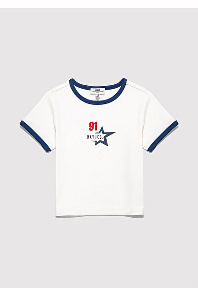 Mavi Bedrucktes Ecru-T-Shirt mit eng anliegendem Schnitt 7610345-70057