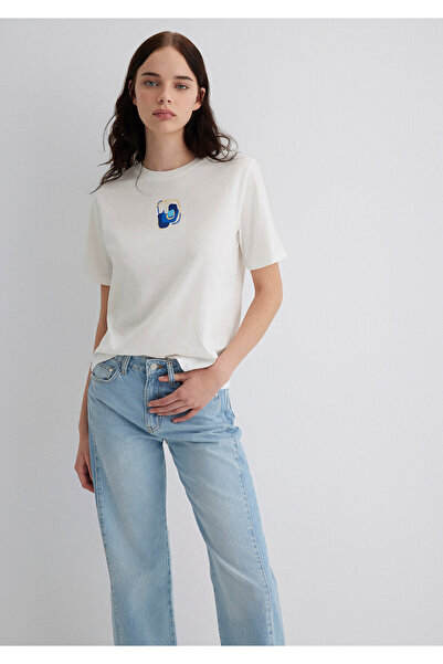 Mavi Weißes T-Shirt mit Evil Eye Bead-Print, reguläre Passform, normale Passform, 1613444-70057