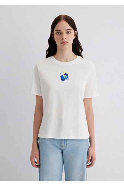 Mavi Weißes T-Shirt mit Evil Eye Bead-Print, reguläre Passform, normale Passform, 1613444-70057