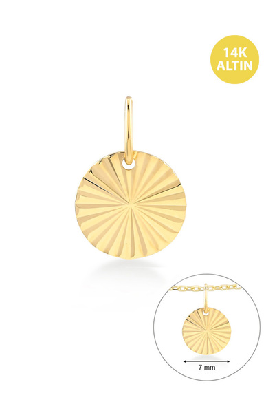 KURSHUNI Taşsız Yuvarlak Plaka, 14 Ayar Altın Kolye Ucu