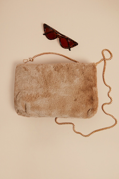 Fulla Moda Plush Clutch Bag with Feather Chain