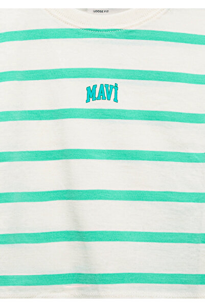 Mavi Πράσινο ριγέ μπλουζάκι Crop με λογότυπο με φαρδιά χαλαρή εφαρμογή 7610182 -88145