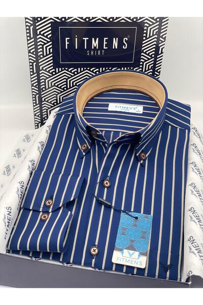 Fitmens Classic Wide Cut Long Sleeve Elegance Striped Collar Buttoned Men's Shirt with Gift Box Fs-00434