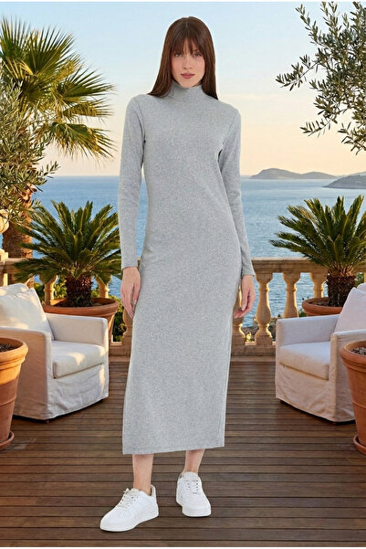 Avones Γυναικείο Φόρεμα Μίντι Μήκους κοτλέ πλέξη ριμπ με ζιβάγκο-Γκρι