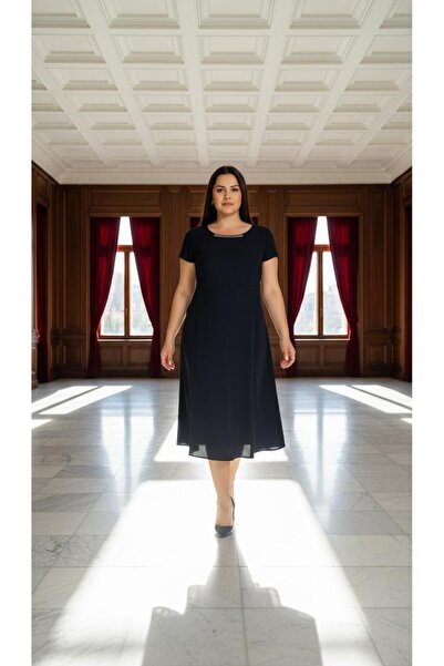 Nidya Moda Kadın Lacivert Taş Aksesuarlı Abiye Elbise 4088L