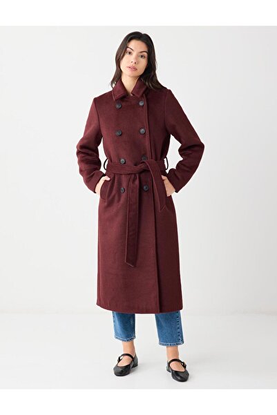Jimmy Key Burgundy Double-Breasted Collar Belt Detailed Cashmere Coat