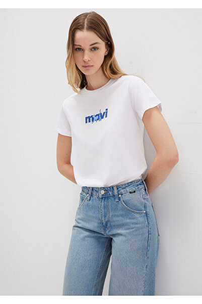 Mavi Weißes T-Shirt mit Katzenmuster, normale Passform/normale Passform 1613287 -620