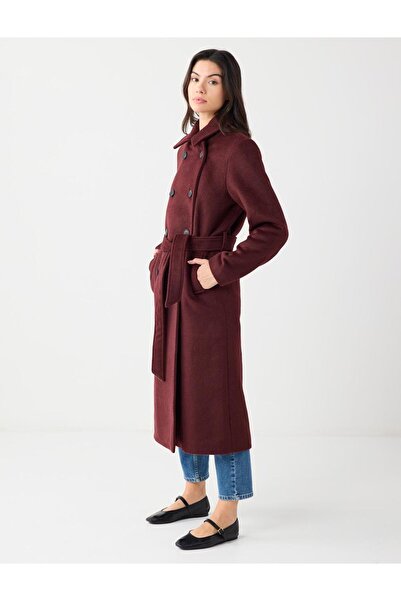 Jimmy Key Burgundy Double-Breasted Collar Belt Detailed Cashmere Coat