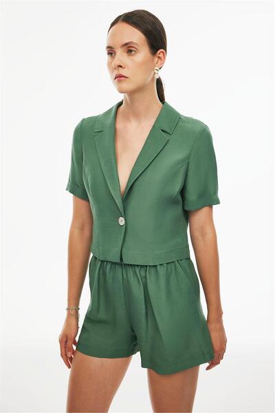 Perspective Happy Regular Fit Short Length Fitted Sleeve Jacket Collar Dark Green Color Women's Jacket