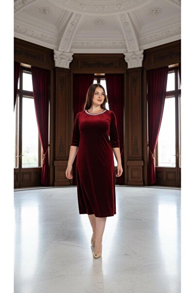 Nidya Moda Kadın Bordo İncili Kadife Abiye Elbise 4074B