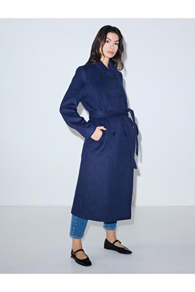 Jimmy Key Navy Blue Double-Breasted Collar Belt Detailed Cashmere Coat