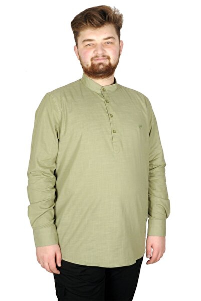 ModeXL Mode Xl Великий розмір Чоловіча сорочка з льону з еластаном та коміром-стійкою 20388 Зелена