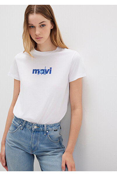 Mavi Weißes T-Shirt mit Katzenmuster, normale Passform/normale Passform 1613287 -620