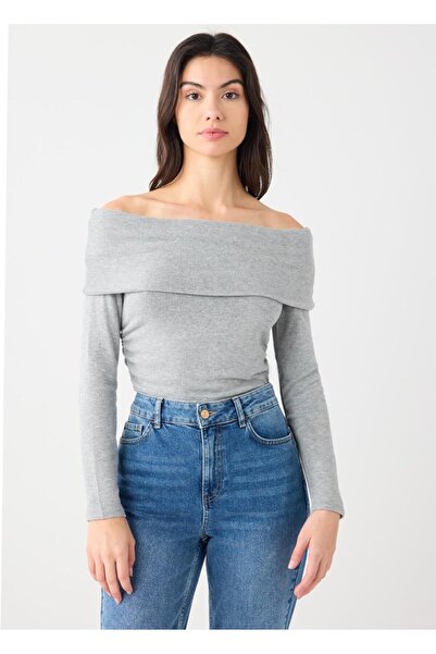 Jimmy Key Antrasit Dar Kesim Kayık Yaka Modal Örme Bluz