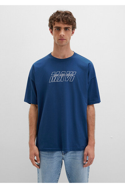Mavi Bedrucktes marineblaues T-Shirt in Übergröße / Weit geschnitten 0611827 -89287