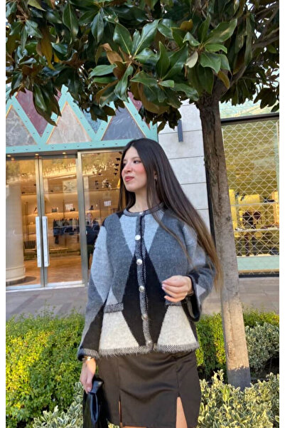 FLEX FASHION Dámský populární oversized kardigan bez kapes s peřím a kosočtvercovým vzorem – trendy kardigan