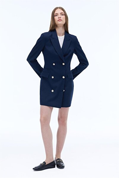 Perspective Navy Blue Striped Patterned - Regular Fit Short Length False Sleeve Dress