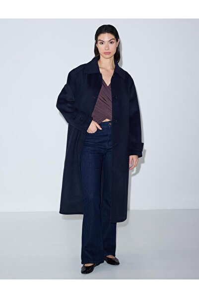 Jimmy Key Navy Blue Shirt Collar Wool Blend Relaxed Fit Woven Coat