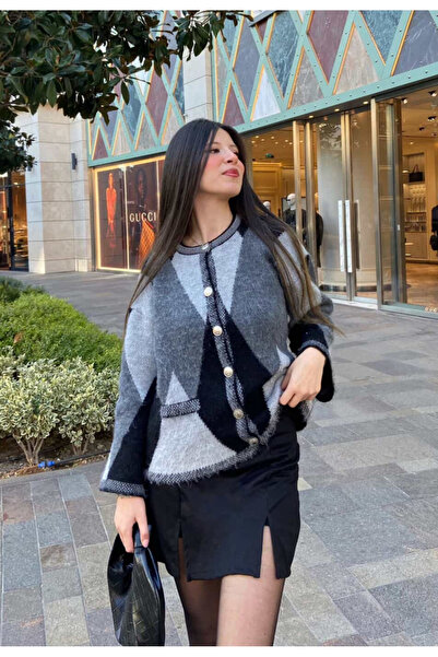 FLEX FASHION Dámský populární oversized kardigan bez kapes s peřím a kosočtvercovým vzorem – trendy kardigan